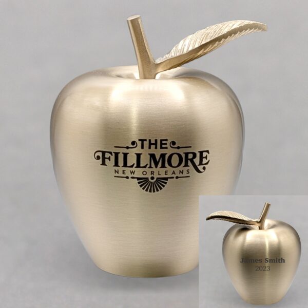 Golden Brass Apple 4" With Leaf - Engraved 2-Sided